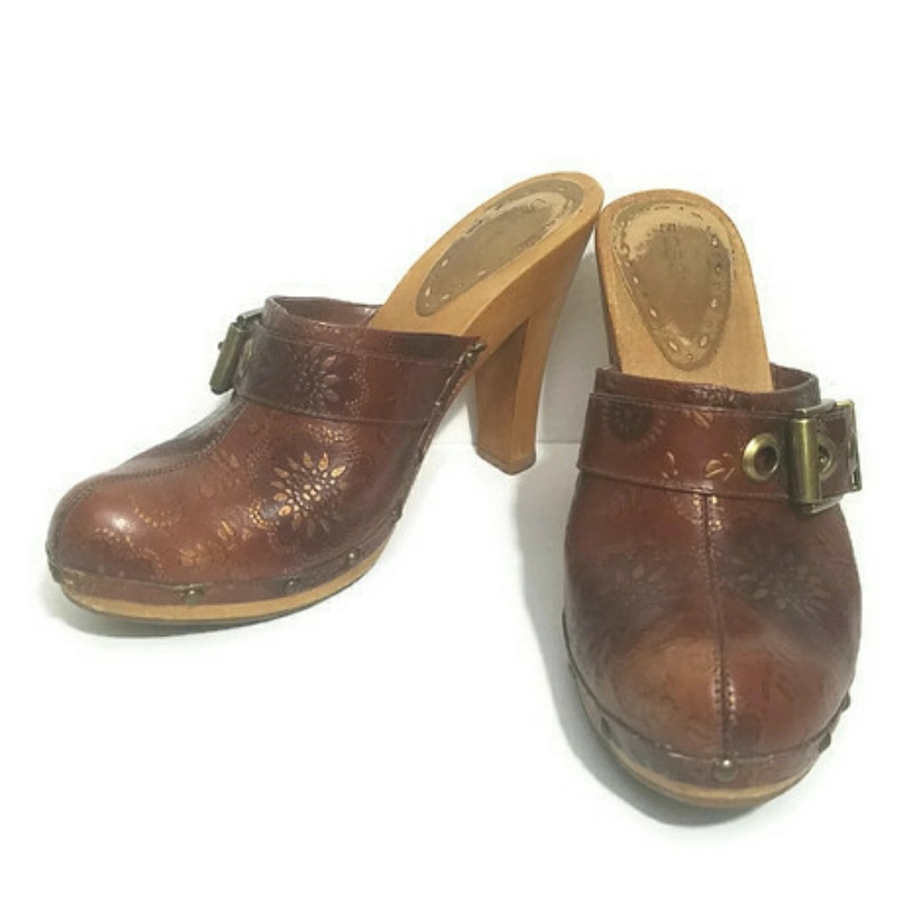 BCBGirls brown leather open back clog mules heels